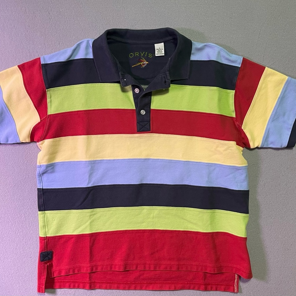 Orvis Shirt Mens Large Color Block Striped Pullover Polo Casual Outdoors Golf